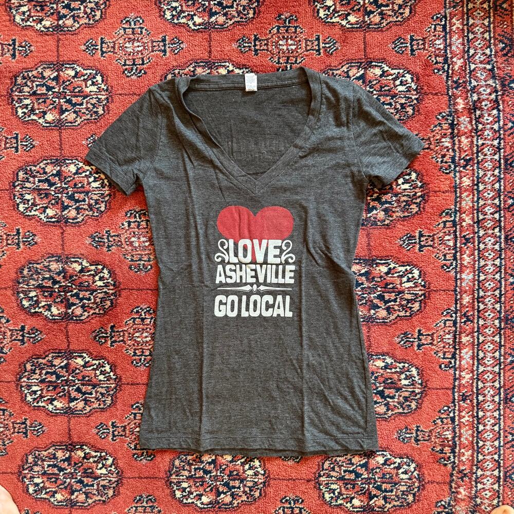 LOVE ASHEVILLE Go Local XS Dark Gray V-Neck 50/50 Short‎ Sleeve T-Shirt